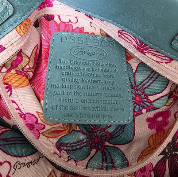 Brighton Teal Leather Shoulder Bag Cric Handles With Flower & Heart Charm GUC - Picture 5 of 10